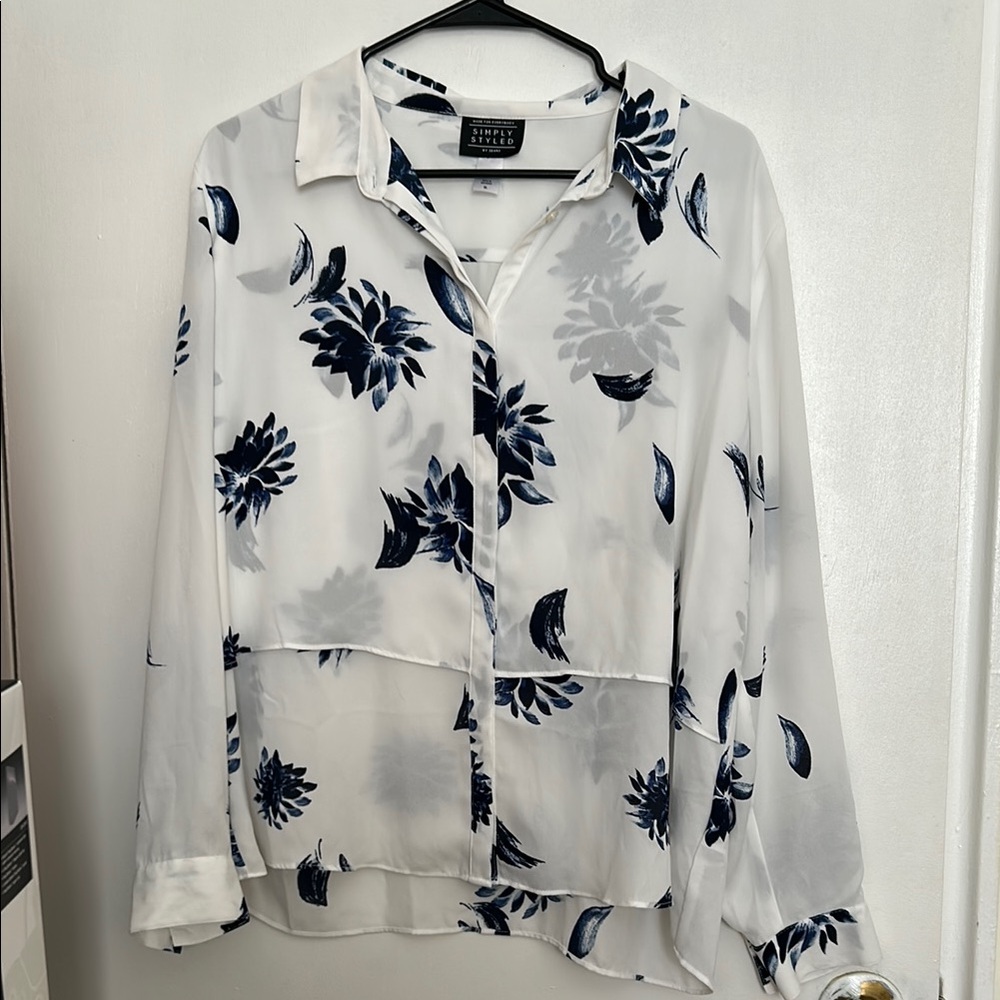 White and Blue Floral Button-Up Blouse
